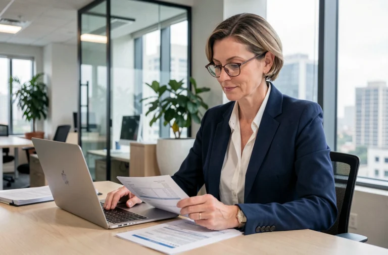 Femme professionnelle consultant ses relevés bancaires dans un bureau moderne, conseils financiers personnalisés