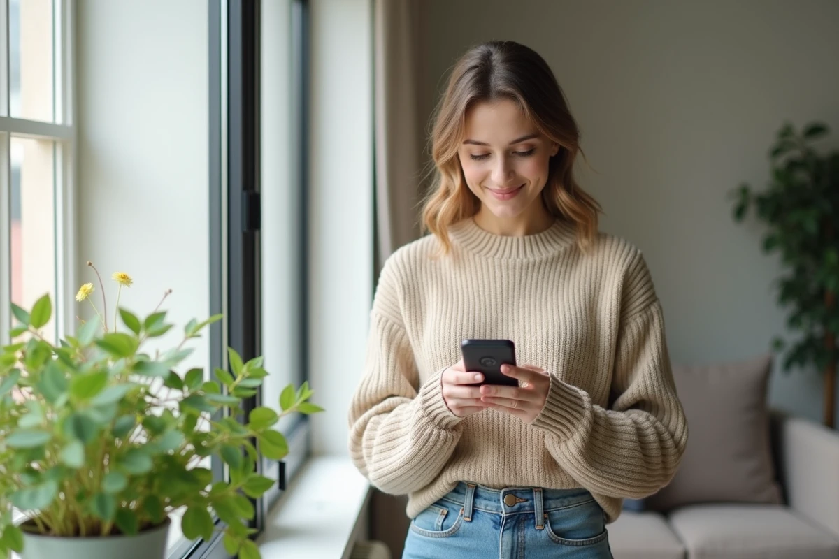 Jeune femme utilise une application de sécurité sur son téléphone