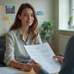 Jeune femme parlant à un agent immobilier dans un bureau administratif