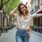 Femme élégante en ville au printemps avec blouse beige et jeans