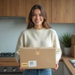 Femme souriante emballant un colis dans la cuisine moderne