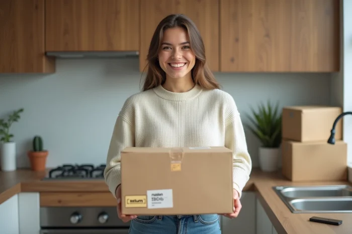 Femme souriante emballant un colis dans la cuisine moderne
