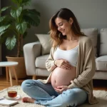 Femme enceinte assise dans un salon cosy et naturel