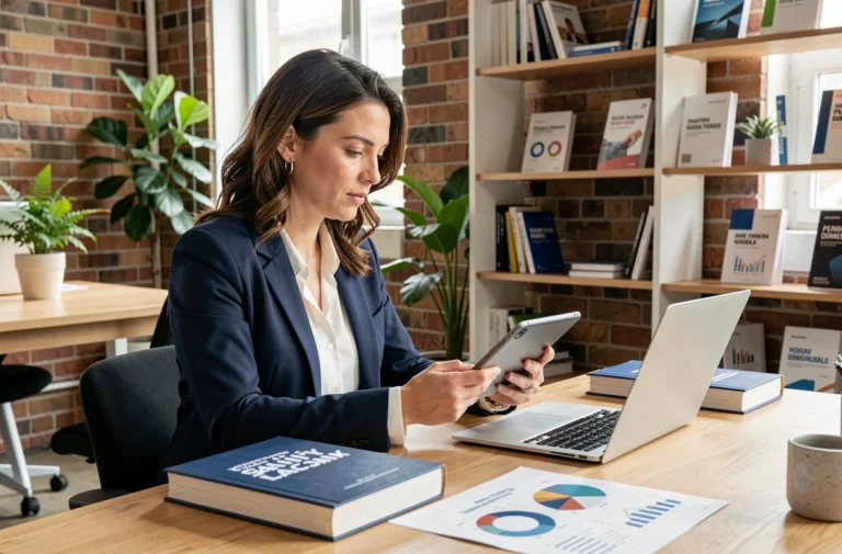 Femme entrepreneur en blazer marine consultant des ressources business sur tablette dans un espace de coworking moderne