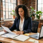 Femme entrepreneur organisée consultant des ressources et outils de gestion dans un espace de coworking moderne