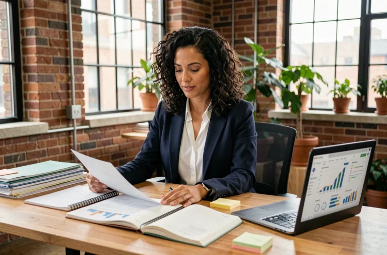 Femme entrepreneur organisée consultant des ressources et outils de gestion dans un espace de coworking moderne