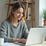 Femme utilisant un ordinateur portable dans un bureau à domicile bien organisé pour simplifier ses tâches quotidiennes