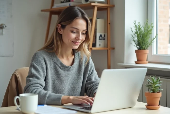Femme utilisant un ordinateur portable dans un bureau à domicile bien organisé pour simplifier ses tâches quotidiennes