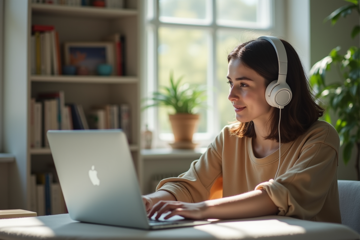 Femme au bureau regardant film avec casque sans fil en journée