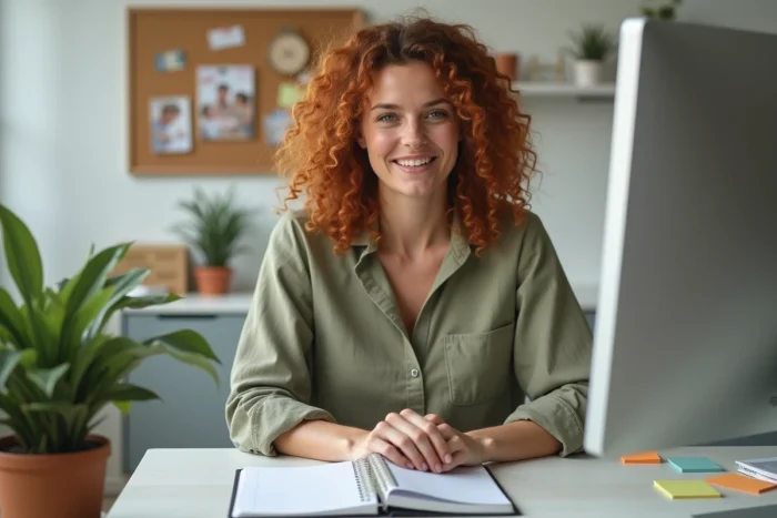 Femme organisée utilisant un outil de planification familiale en ligne sur son ordinateur dans un bureau à domicile