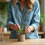 Femme en chambray préparant des alstroemeria à la maison