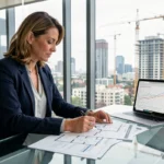 Femme professionnelle analysant des rapports d'investissement immobilier dans un bureau moderne avec vue sur la ville