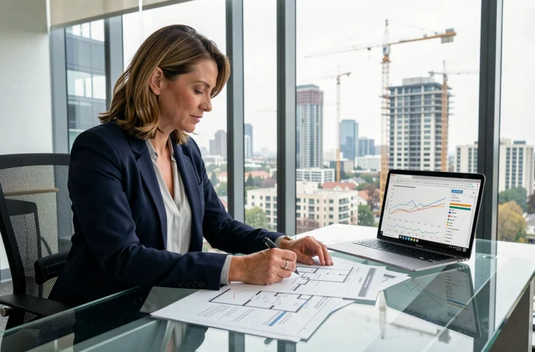 Femme professionnelle analysant des rapports d'investissement immobilier dans un bureau moderne avec vue sur la ville