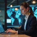 Femme professionnelle concentrée sur un ordinateur avec carte digitale