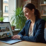 Femme professionnelle utilisant la plateforme Leader Immobilier sur ordinateur portable dans un bureau moderne à Paris