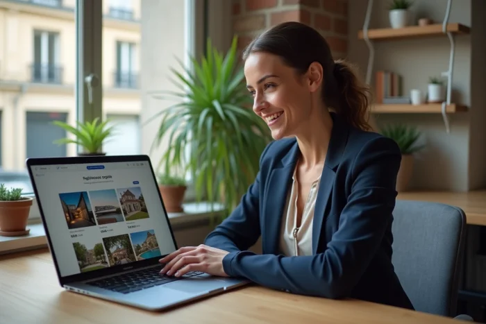 Femme professionnelle utilisant la plateforme Leader Immobilier sur ordinateur portable dans un bureau moderne à Paris