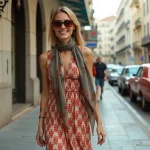Femme souriante en robe maxi vintage dans une rue rétro