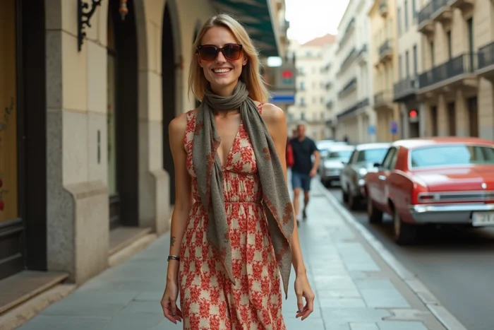 Femme souriante en robe maxi vintage dans une rue rétro