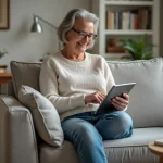 Femme assise sur un canapé avec tablette dans un salon moderne