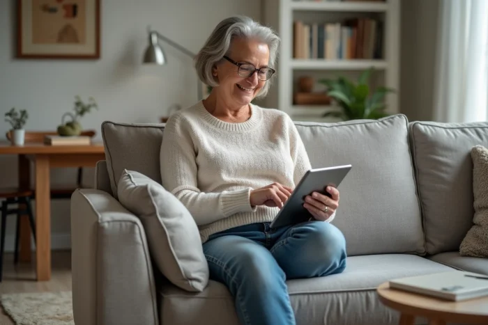 Femme assise sur un canapé avec tablette dans un salon moderne