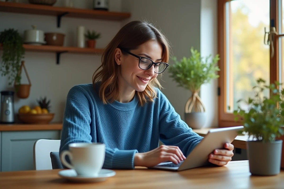 Femme souriante regardant une tablette dans la cuisine