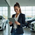Femme souriante utilisant une tablette près d'une voiture neuve en showroom