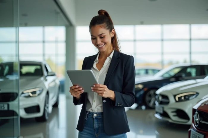 Femme souriante utilisant une tablette près d'une voiture neuve en showroom