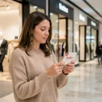 Femme tenant un ticket Kadéos Infini à l'entrée d'un centre commercial, s'interrogeant sur l'échange contre une carte cadeau enseigne