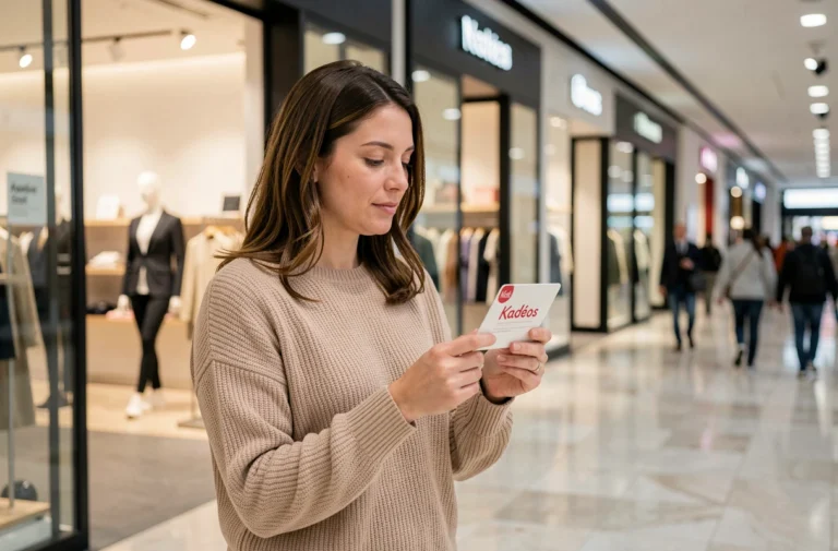 Femme tenant un ticket Kadéos Infini à l'entrée d'un centre commercial, s'interrogeant sur l'échange contre une carte cadeau enseigne