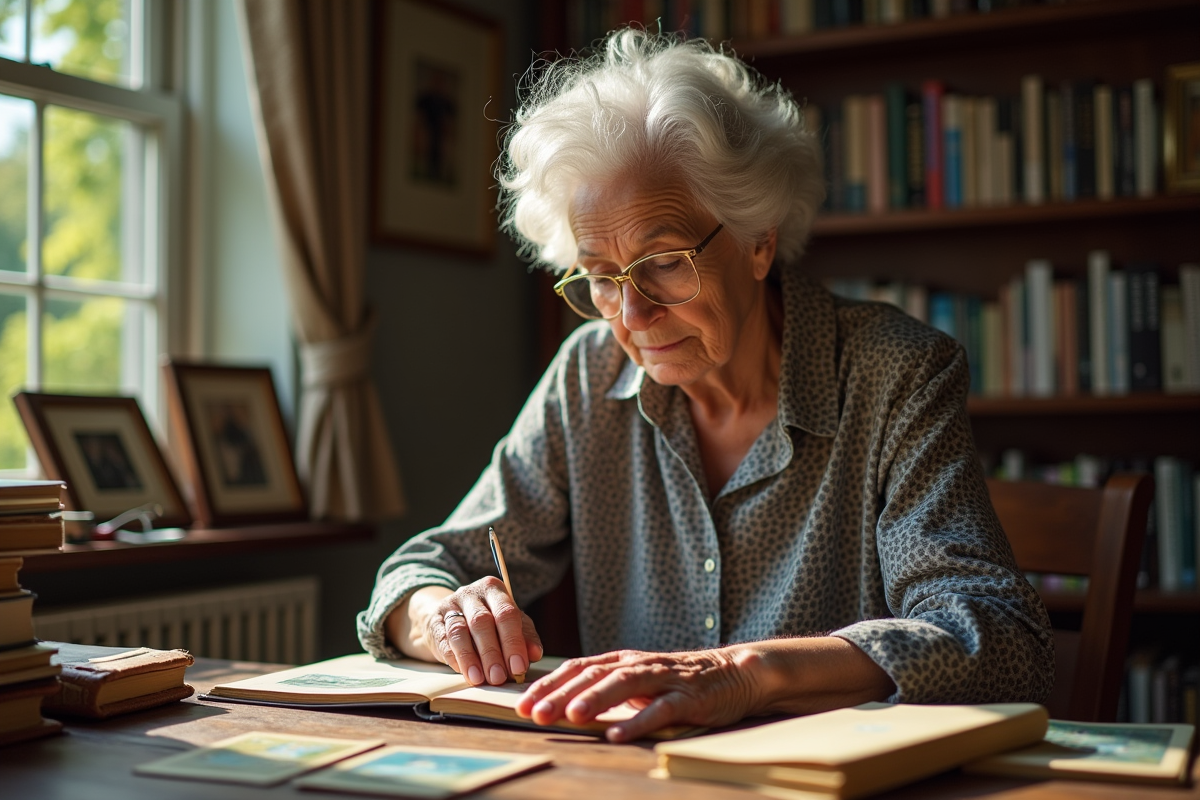 Femme âgée examinant un album de cartes anciennes dans un bureau lumineux
