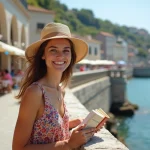 Jeune femme souriante en été à Izmir face à la mer Égée
