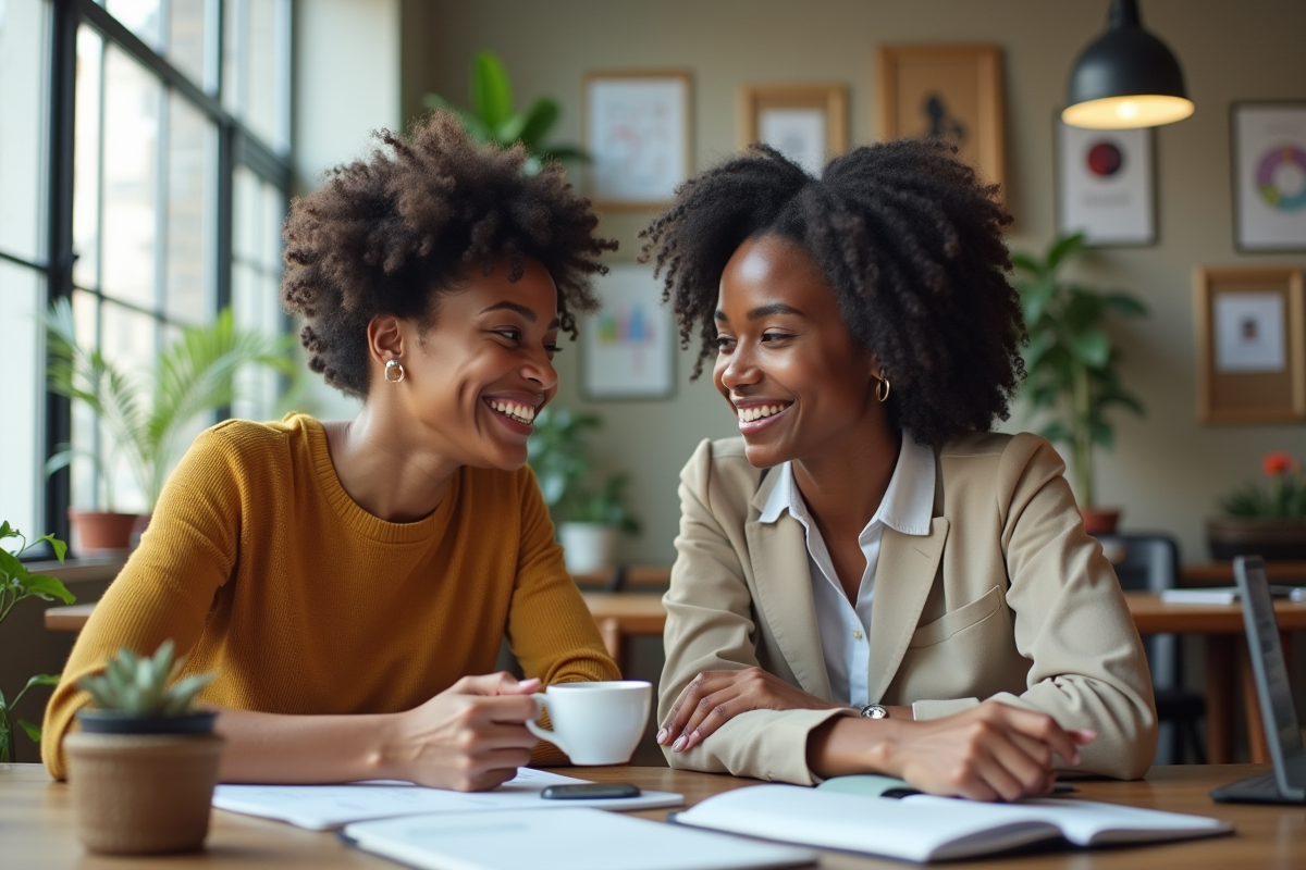 Deux femmes entrepreneures discutant dans un espace de coworking lumineux