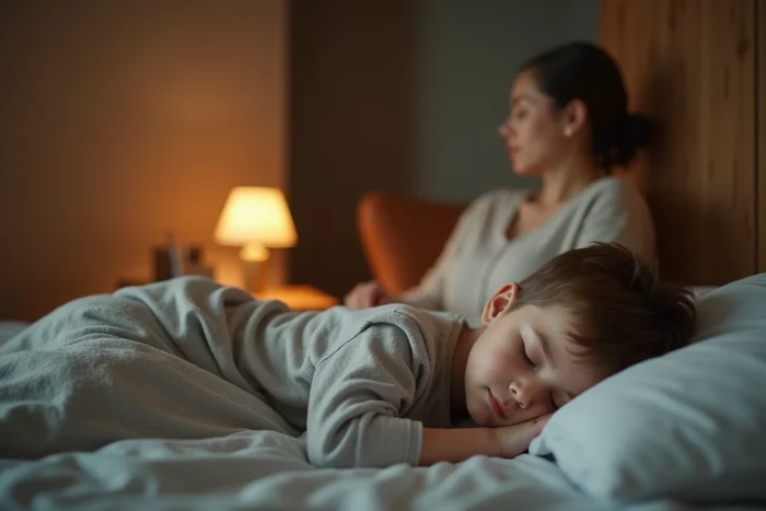 Un enfant endormi dans son lit pendant que sa marraine veille sur lui avec tendresse depuis un fauteuil voisin