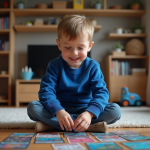 Jeune garçon arrangeant des cartes à jouer dans un salon chaleureux