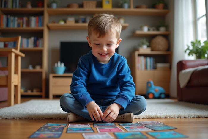 Jeune garçon arrangeant des cartes à jouer dans un salon chaleureux