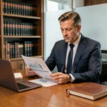 Conseiller en gestion de patrimoine analysant des documents financiers dans un bureau privé moderne