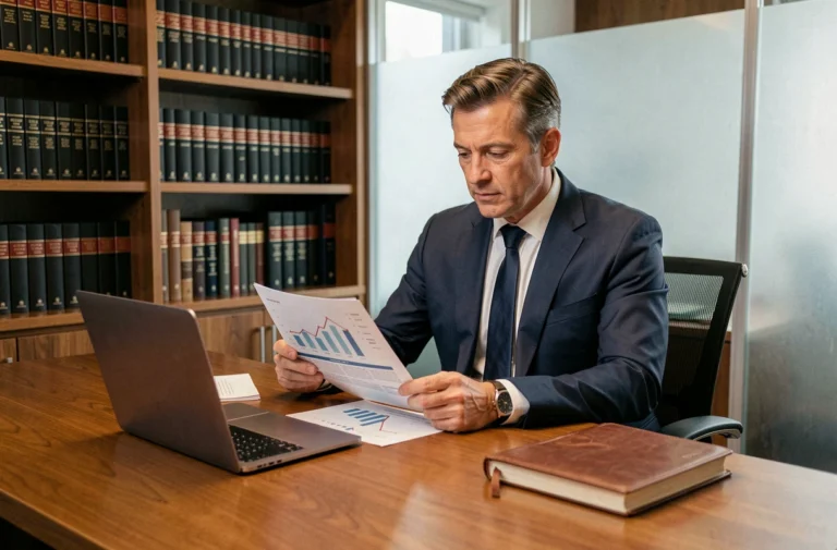 Conseiller en gestion de patrimoine analysant des documents financiers dans un bureau privé moderne