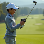 Jeune golfeur enthousiaste utilisant un analyseur de swing numérique sur un parcours vert