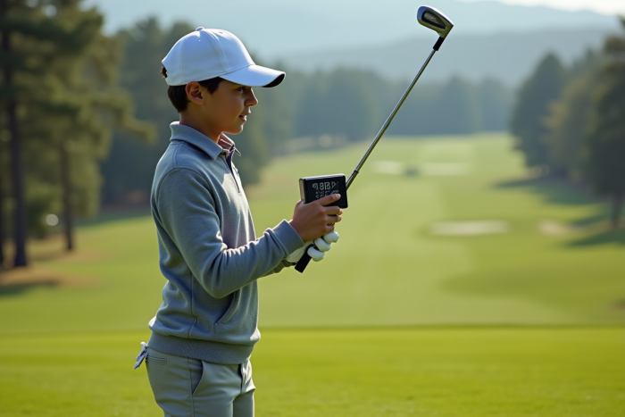 Jeune golfeur enthousiaste utilisant un analyseur de swing numérique sur un parcours vert