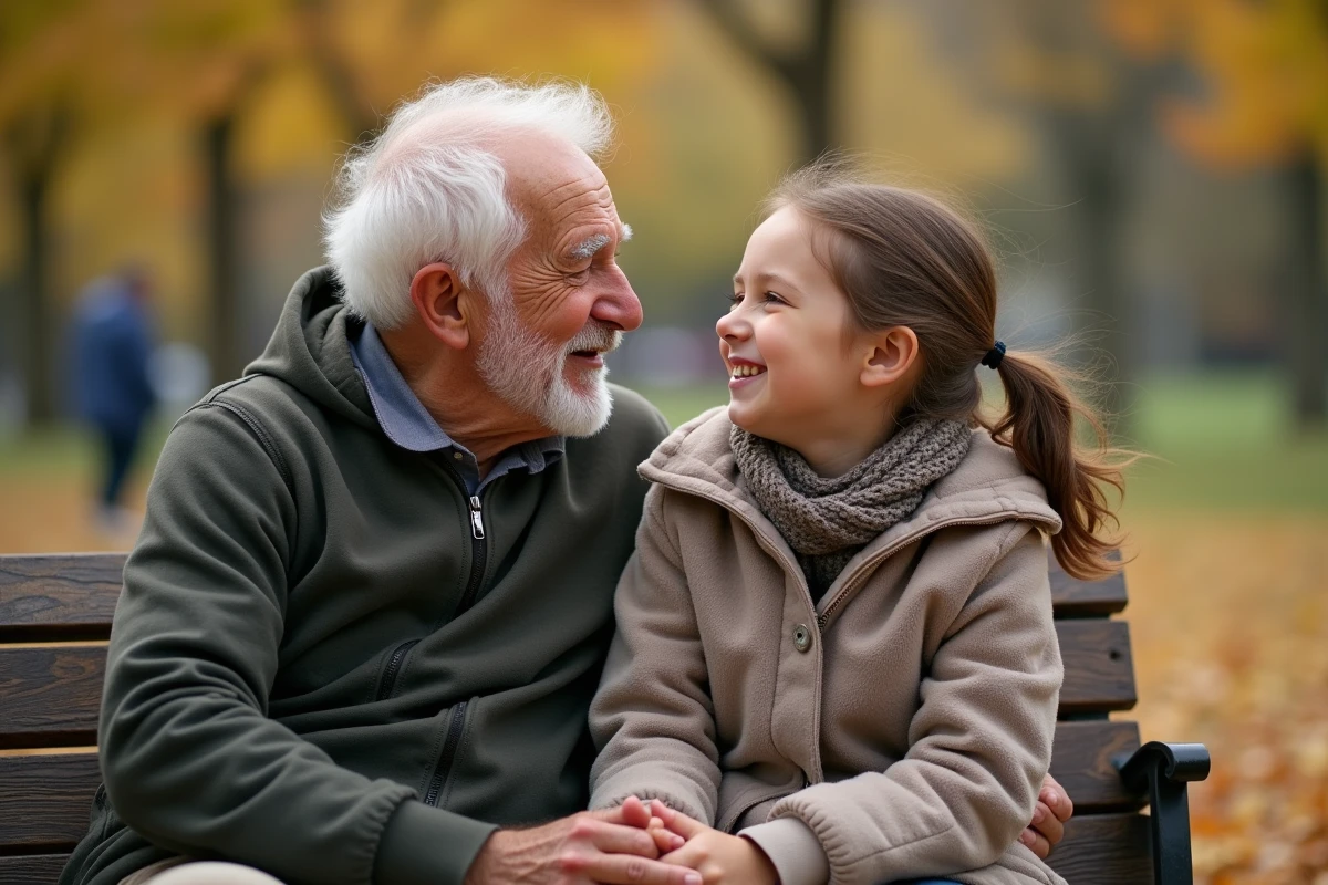 Grand-père et petite-fille échangeant des grimaces dans un parc