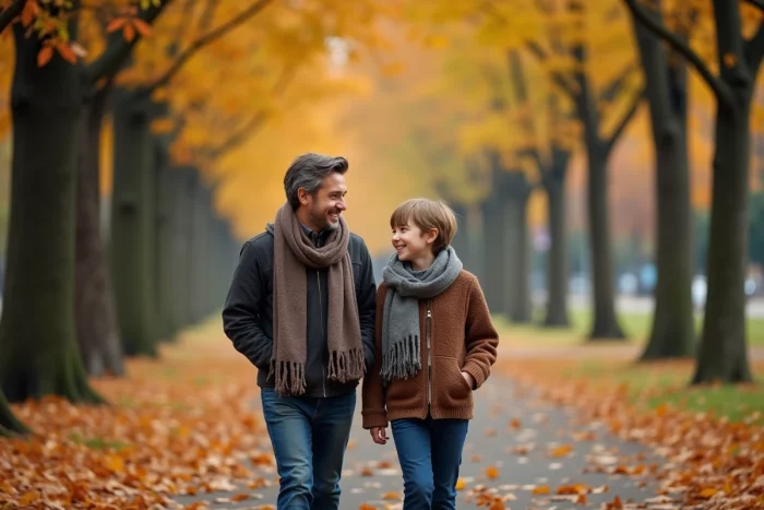 Un enfant marchant aux côtés de sa marraine sur une allée d'automne, évoquant la chance de grandir ensemble