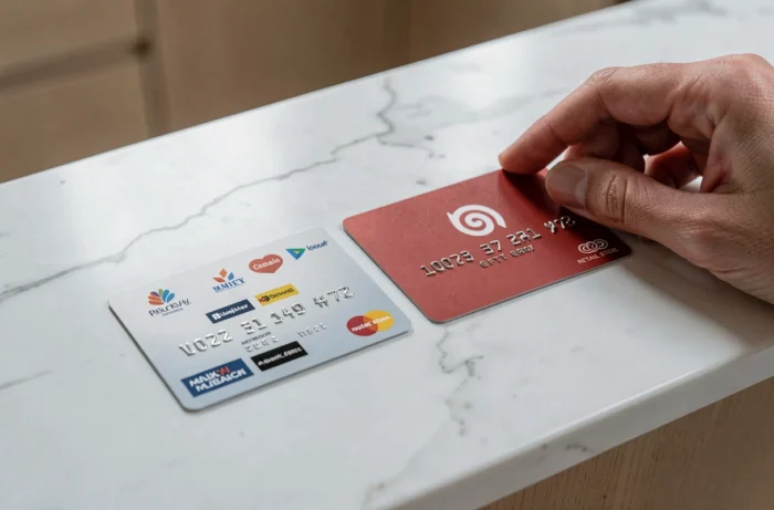 Gros plan de deux cartes cadeaux posées côte à côte sur un marbre blanc, illustrant le choix entre ticket Kadéos Infini et carte enseigne