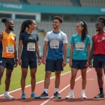Groupe d'athletes souriants sur la piste de stade