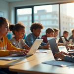 Groupe d'élèves au lycée utilisant tablettes et laptops