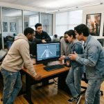 Groupe de jeunes autour d'un écran 3D en atelier numérique