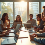 Groupe d'étudiants universitaires collaborant autour d'une table moderne