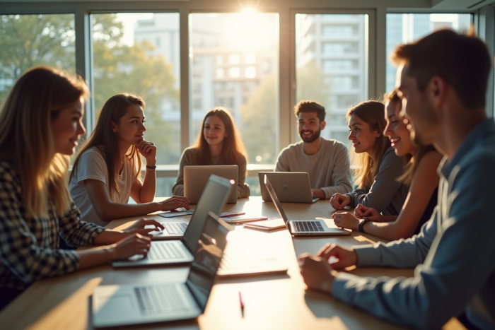 Groupe d'étudiants universitaires collaborant autour d'une table moderne