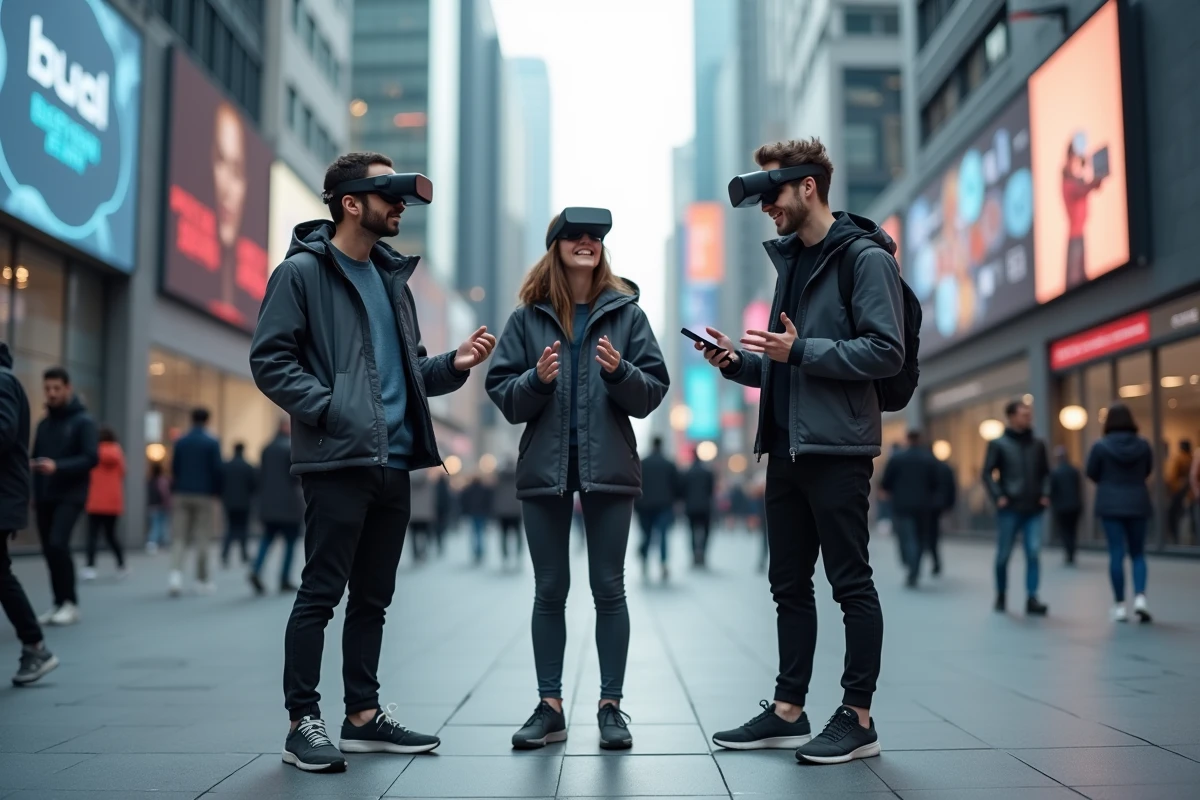 Groupe de jeunes discutant des nouvelles technologies en ville