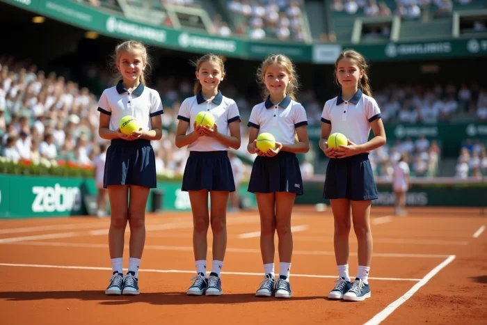 Groupe de ramasseurs de balles alignés en bordure du court central Philippe-Chatrier à Roland Garros