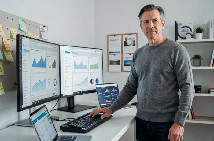 Homme d'affaires analysant des tableaux de bord e-commerce sur double écran dans un bureau à domicile minimaliste